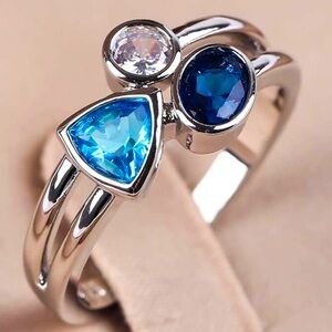 LIVE SALE Sterling Silver Asymmetric Sapphire Blue Crystal Ring